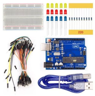 Arduino Uno (Rev.3) mikro-ohjainkortti ja tarvikelajitelma