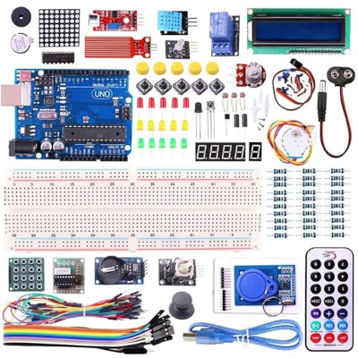 Arduino Uno (Rev.3) mikro-ohjainkortti ja tarvikelajitelma