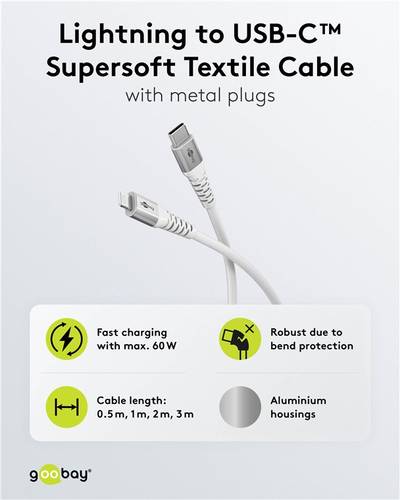 USB 2.0 USB-C/lightning tekstiilikaapeli valkoinen 3m
