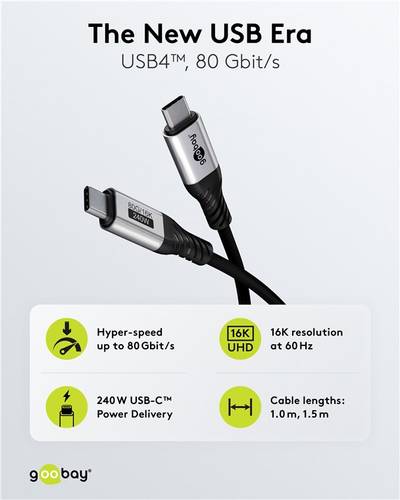 USB-C (USB 4.0) liitäntäkaapeli USB-C/USB-C 240W 5A 80 Gbit/s musta 1m