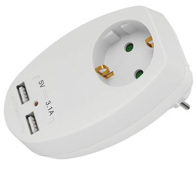 USB-teholähde Schuko-läpiviennillä 5Vdc 3,1A 2xUSB-A
